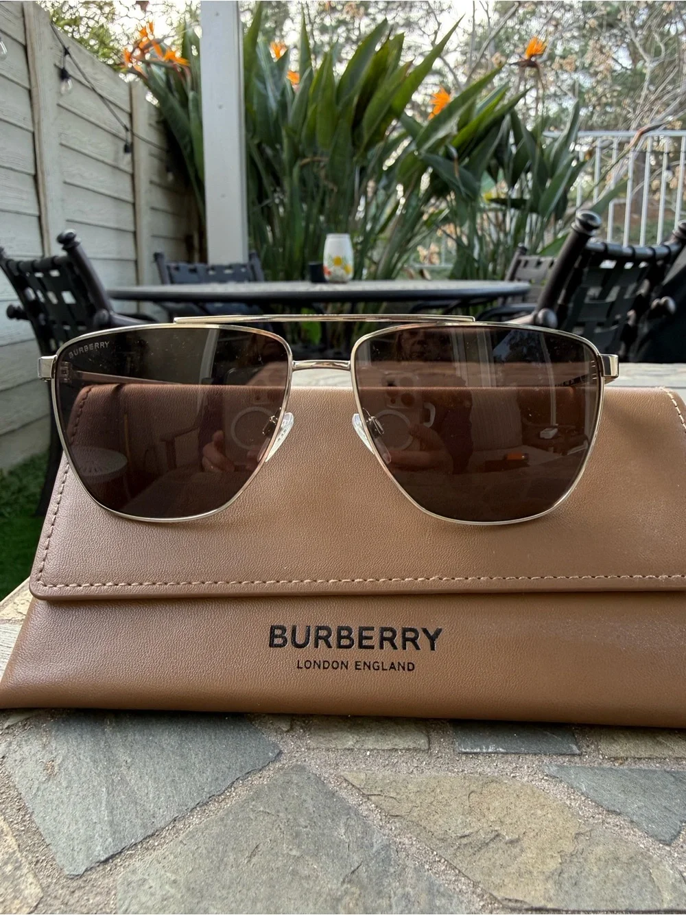 Burberry Men’s Aviator Sunglasses with Gold Frame and Brown Lenses